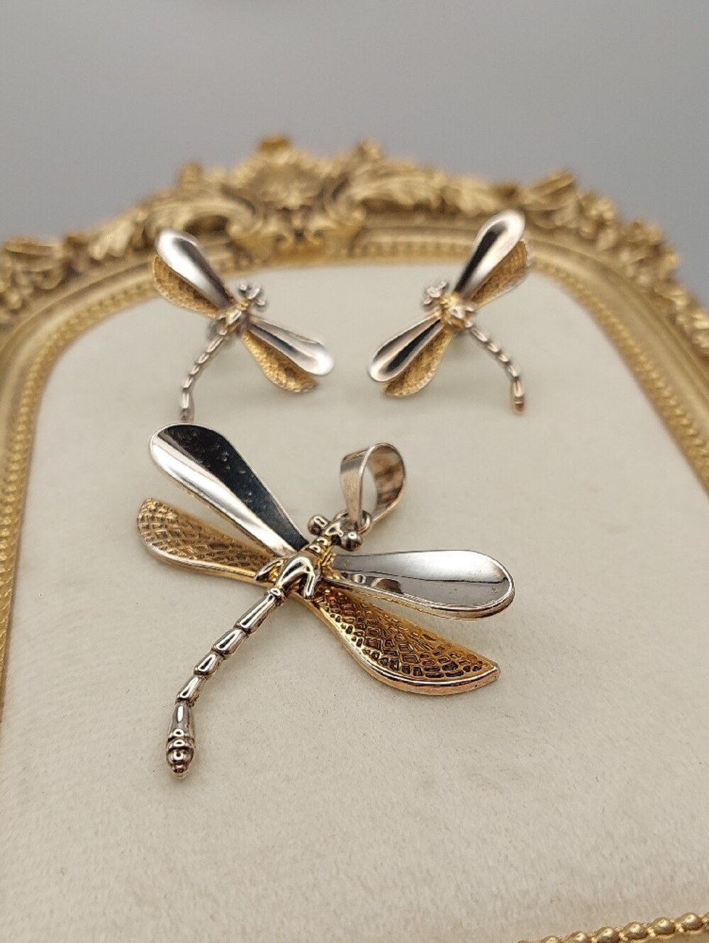 Silver And Gold Wash Mixed Metals Dragonfly Pendant and Stud Earrings Set